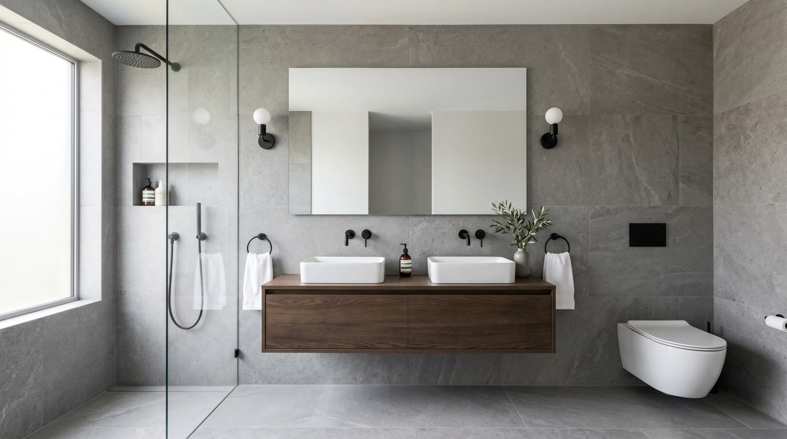 Clean minimal shapes in a cool grey stone bathroom.