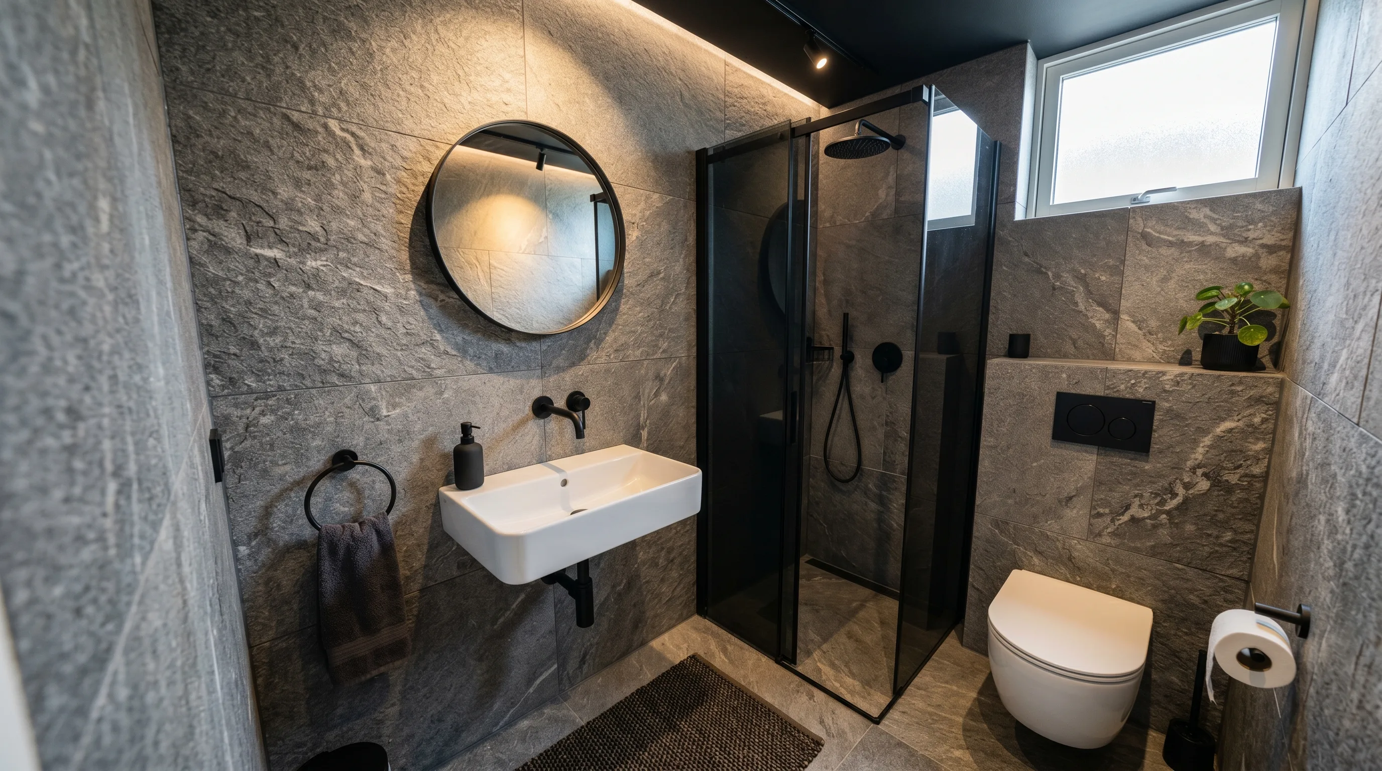 Soft indirect lighting in a cool grey stone bathroom.