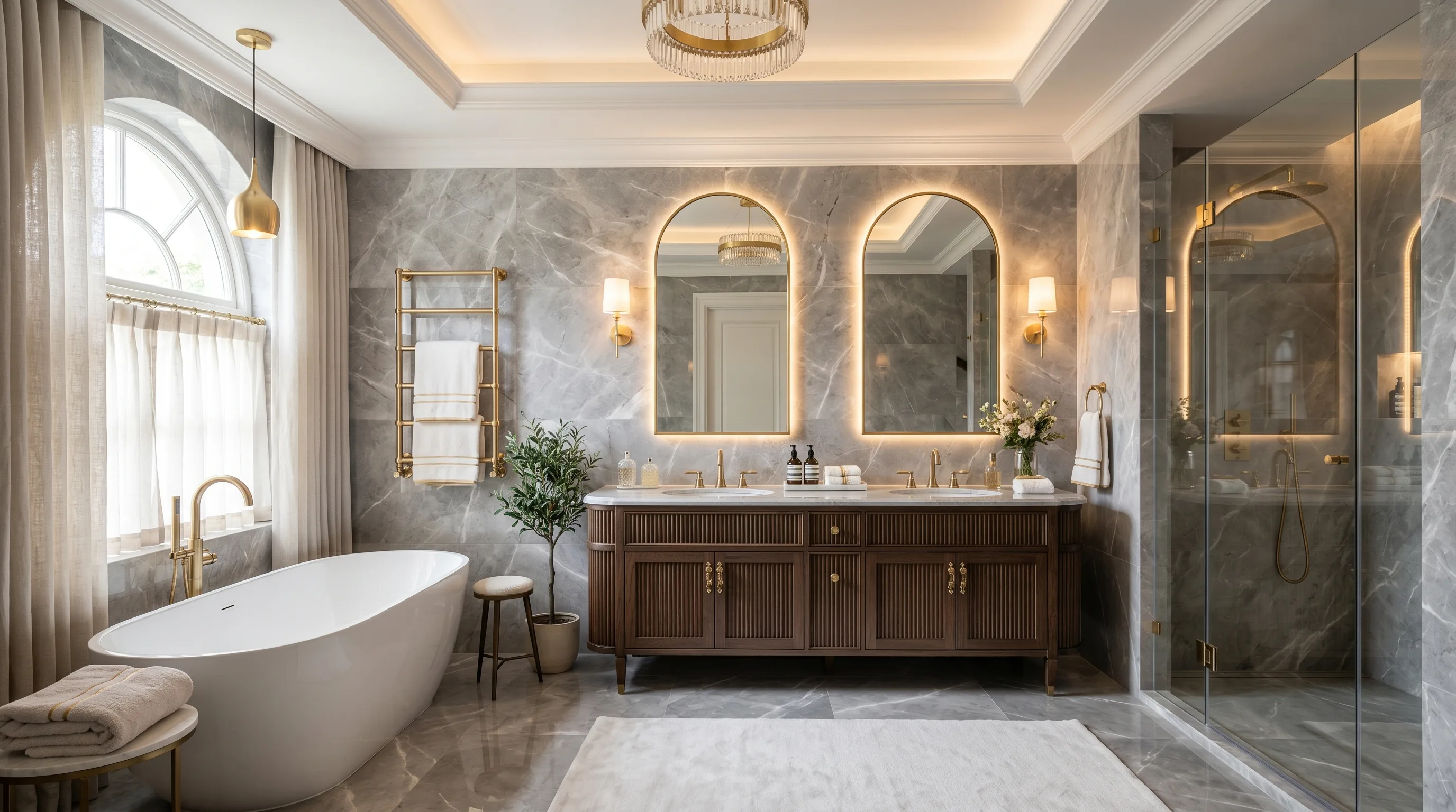 Similar-toned textiles layered in a grey stone bathroom.