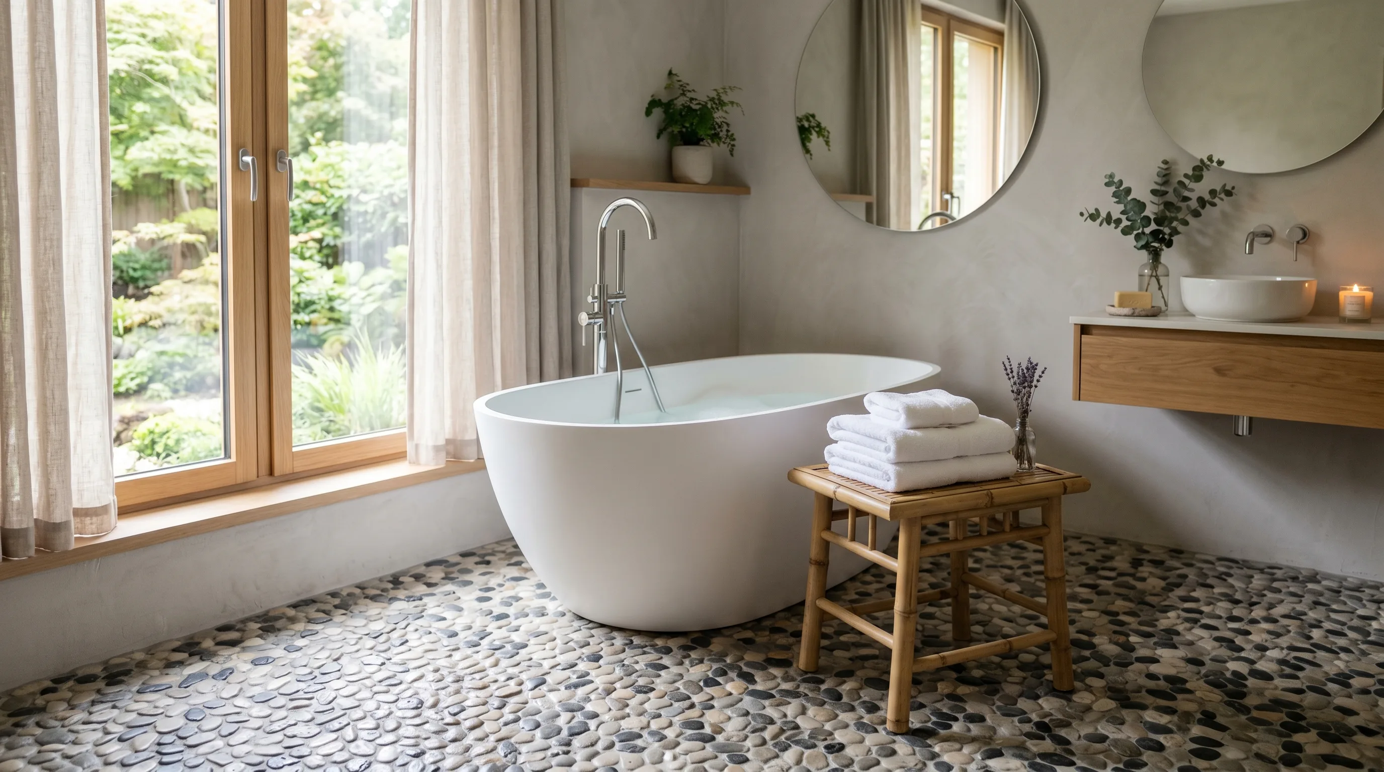 Natural greenery in a cool grey stone Zen bathroom.
