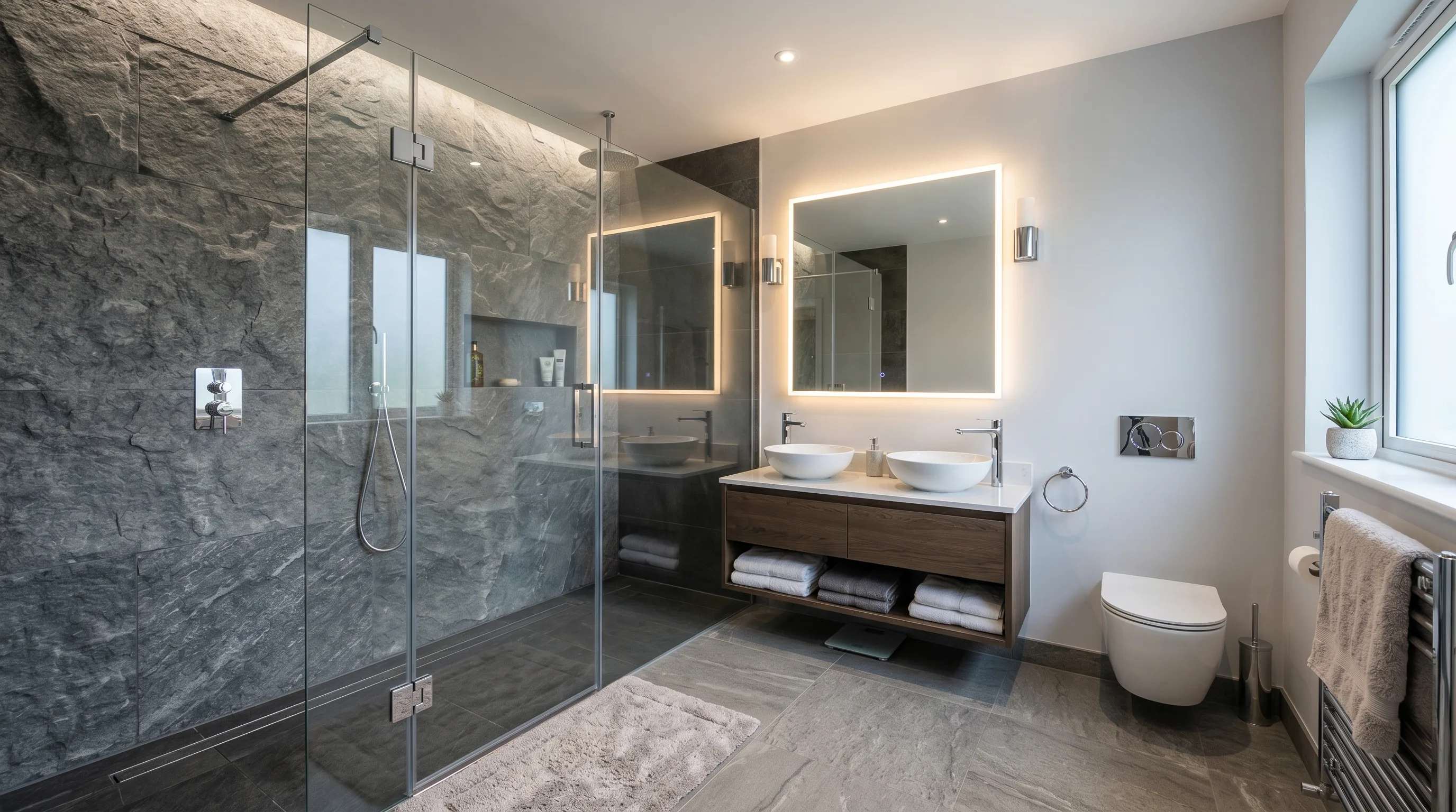 Open space used intentionally in a cool grey stone bathroom.