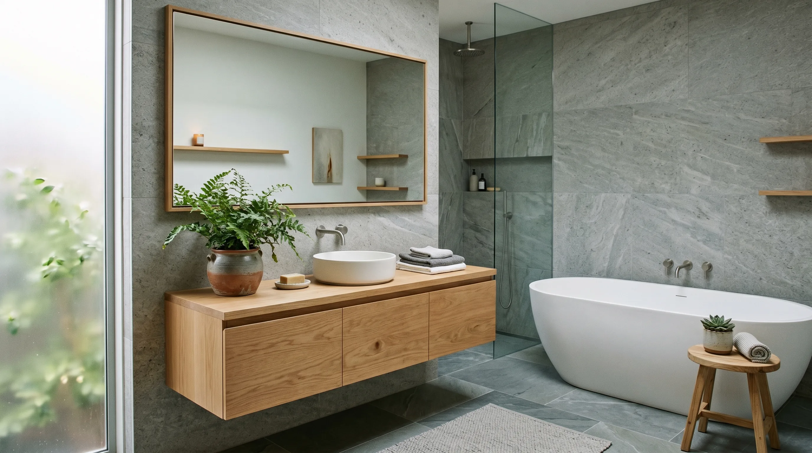 Grey stone bathroom favoring tone and texture over decoration.
