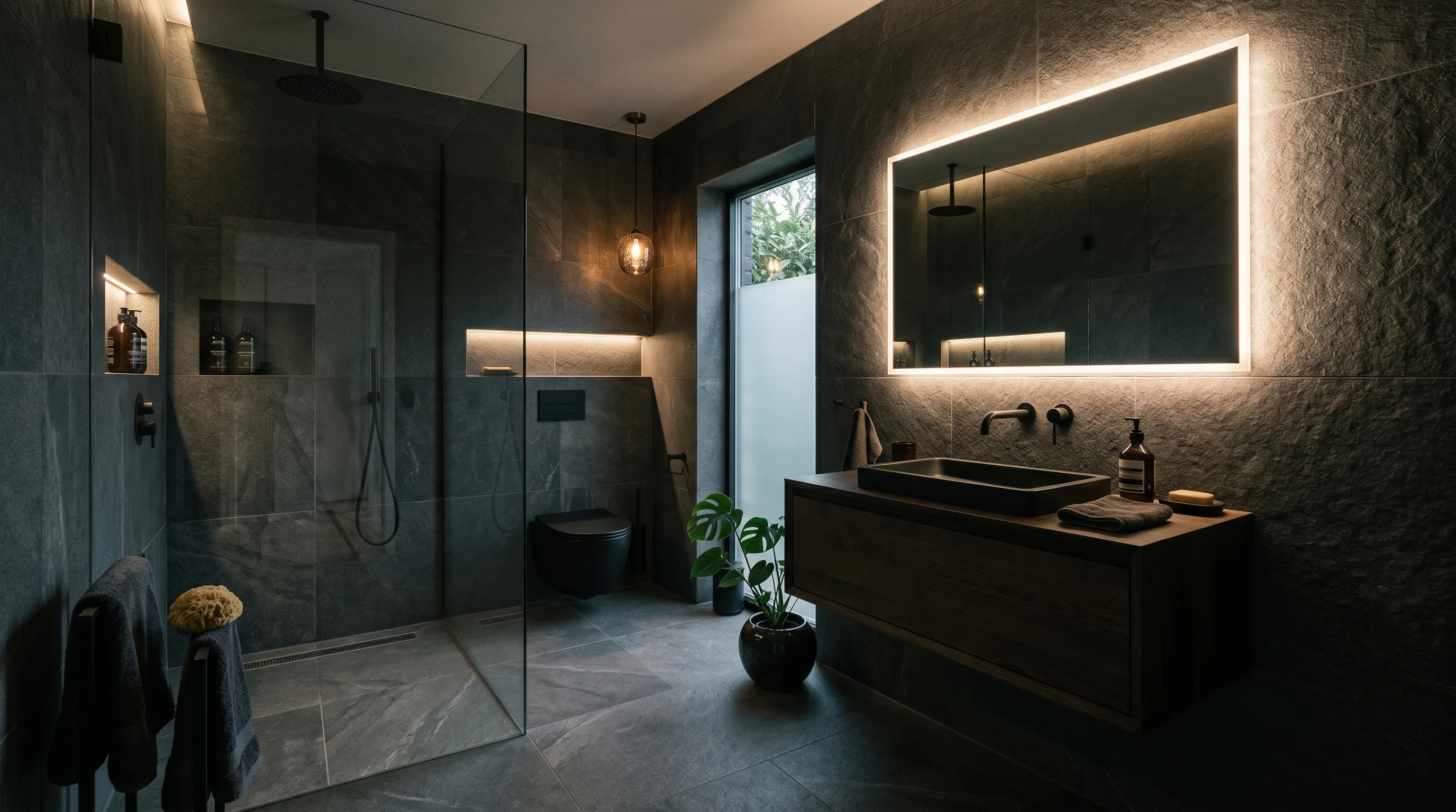 Quiet modern Zen bathroom in cool grey stone.