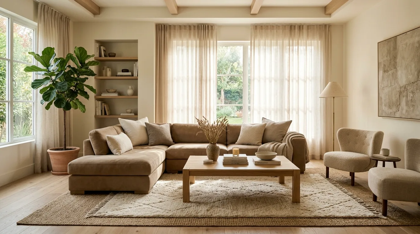 Creamy brown and cream living room styled for understated luxury.