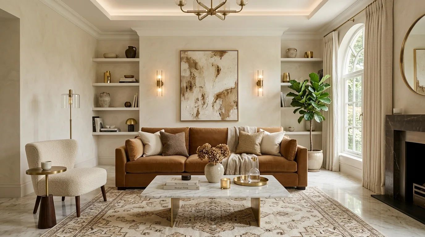 Warm brown woods layered into a cream living room.