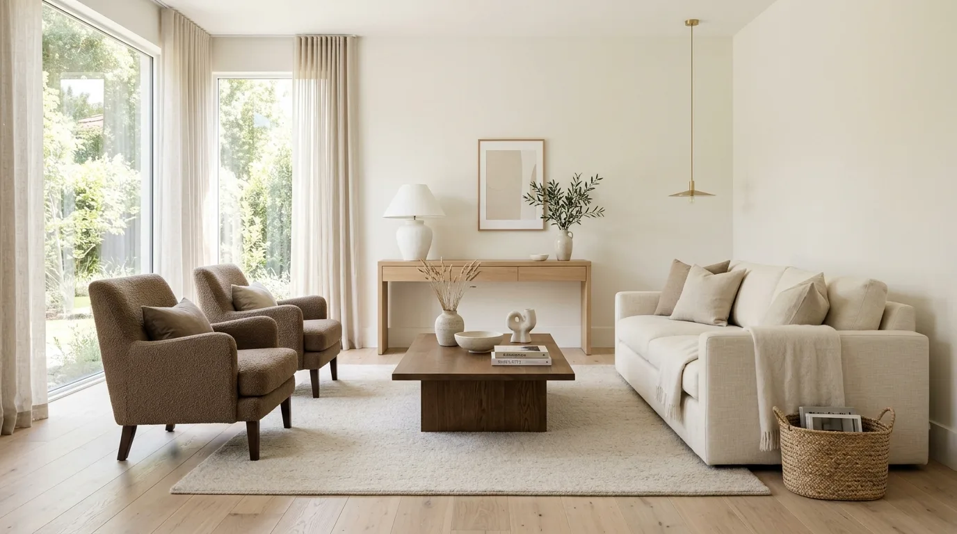 Soft boucle and woven textures in a creamy brown living room.