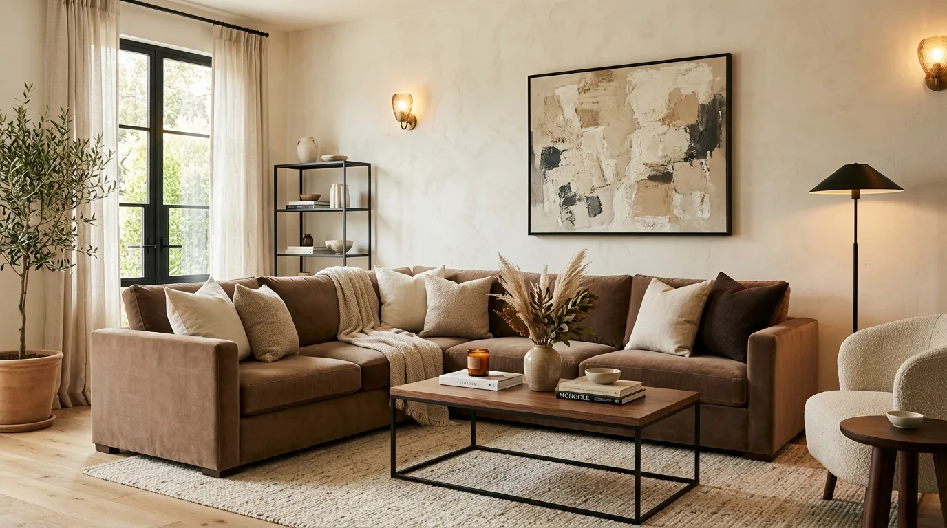 Chocolate brown accent deepening a cream and brown living room palette.