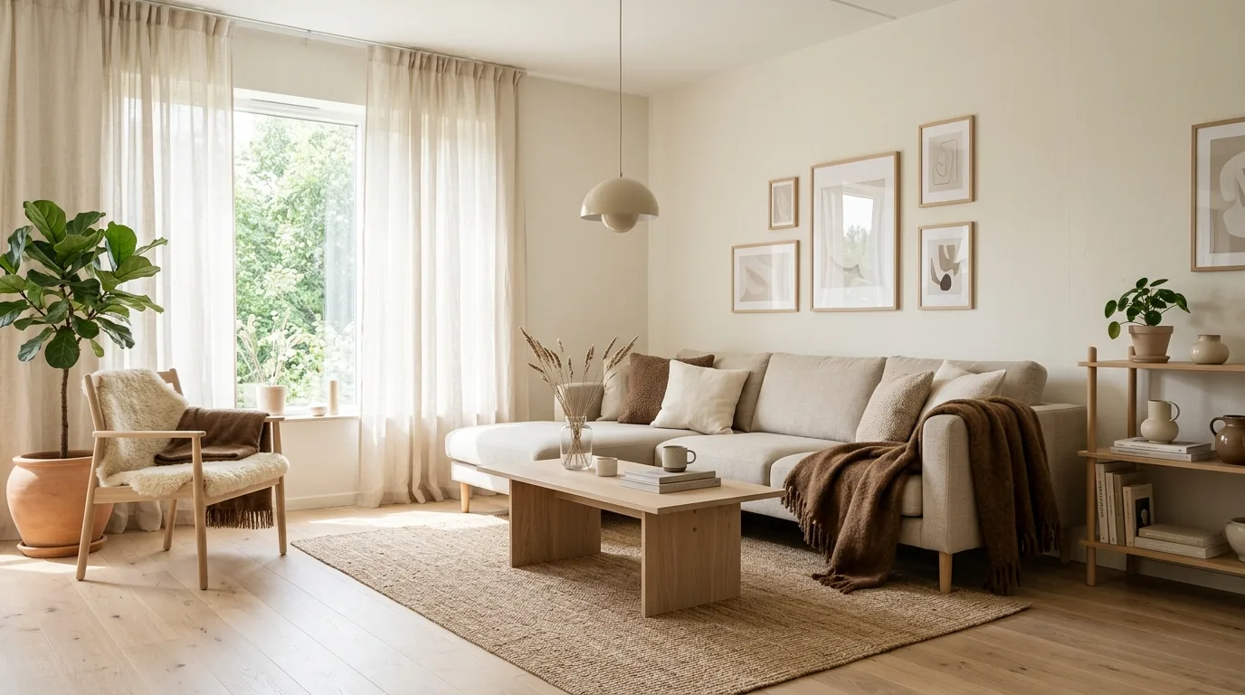 Tonal brown and cream living room palette kept calm and elegant.