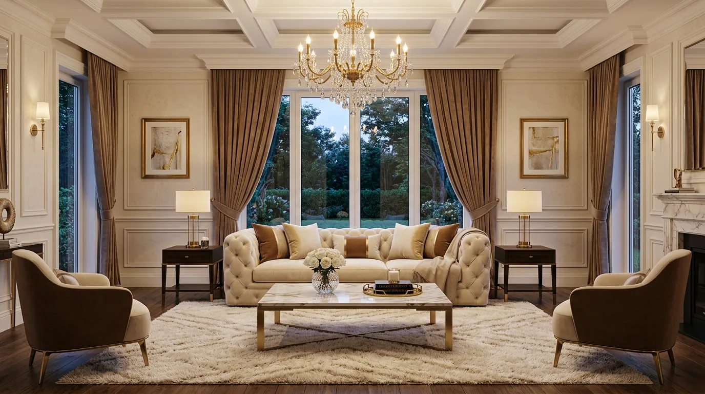 Subtle metallic accents adding polish to a brown and cream living room.