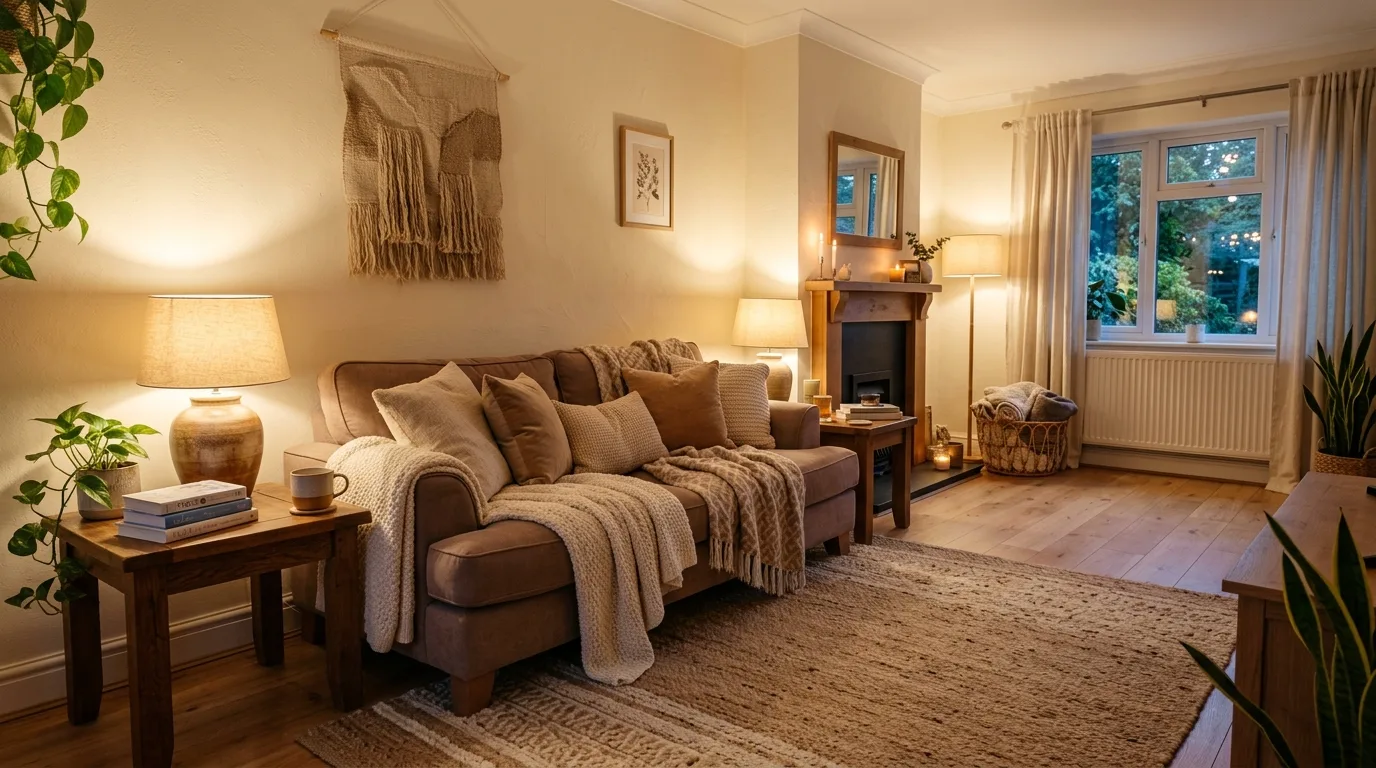 Curved furniture shapes softening a cream and brown living room.