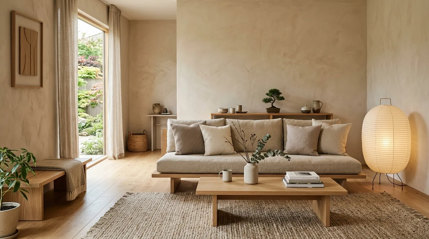 Cream rug reflecting light in a warm brown luxury living room.