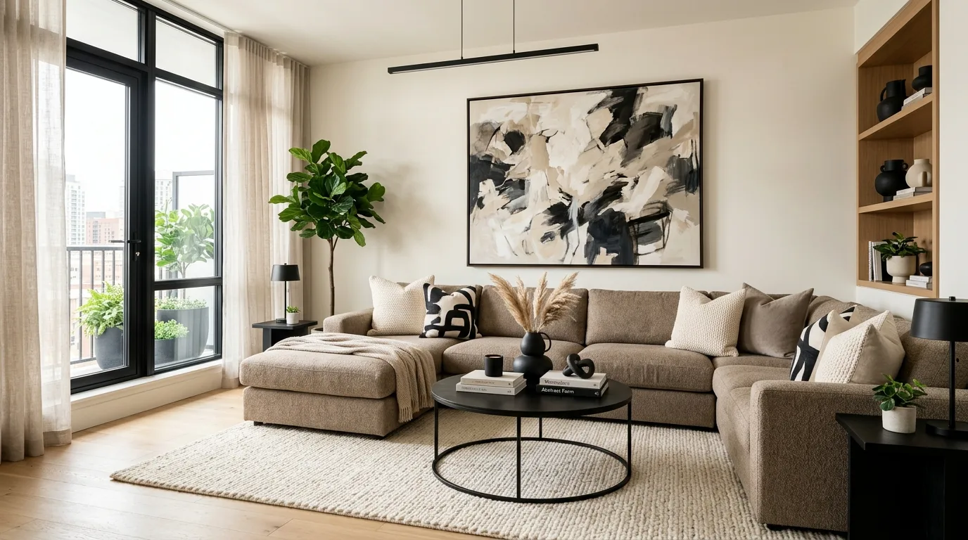 Ceramics and natural decor styling a brown and cream living room.