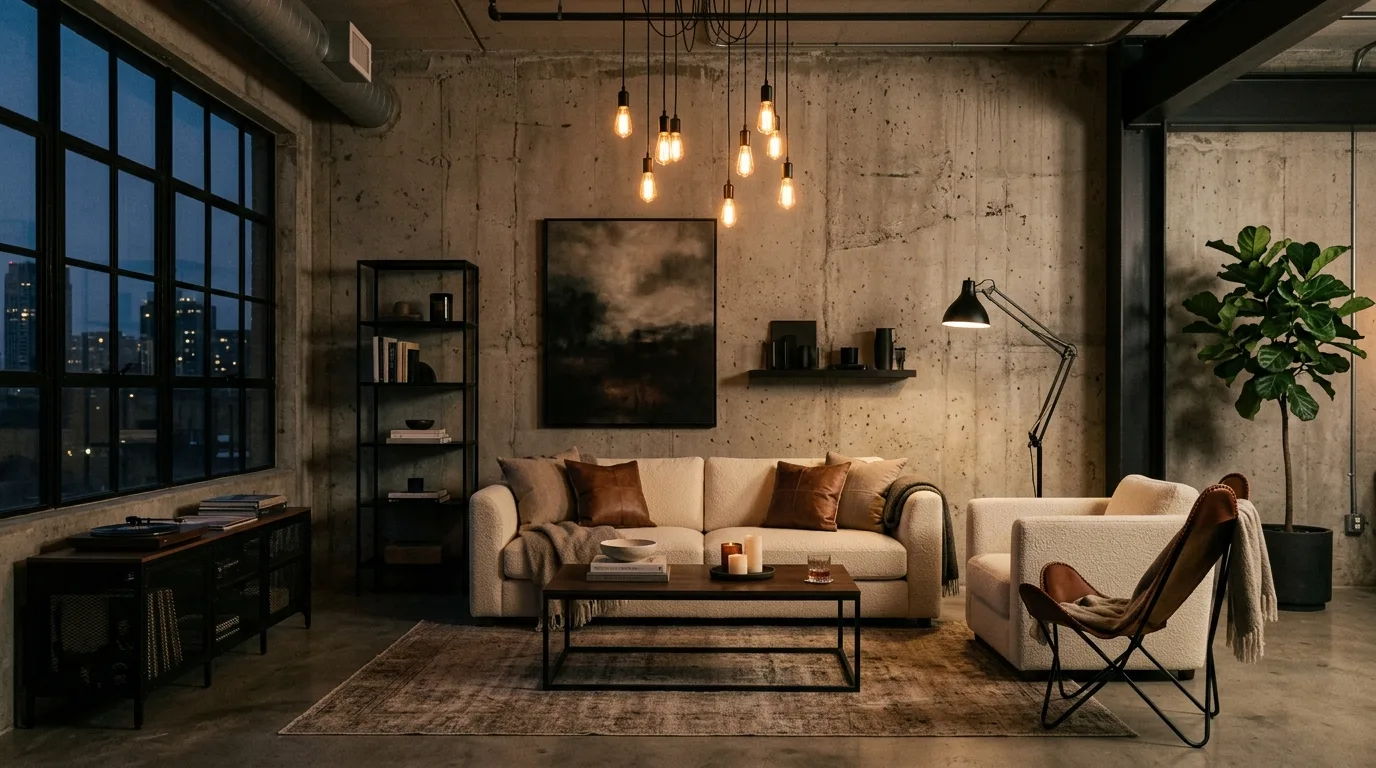 Repeated brown accents tying together a creamy luxury living room.