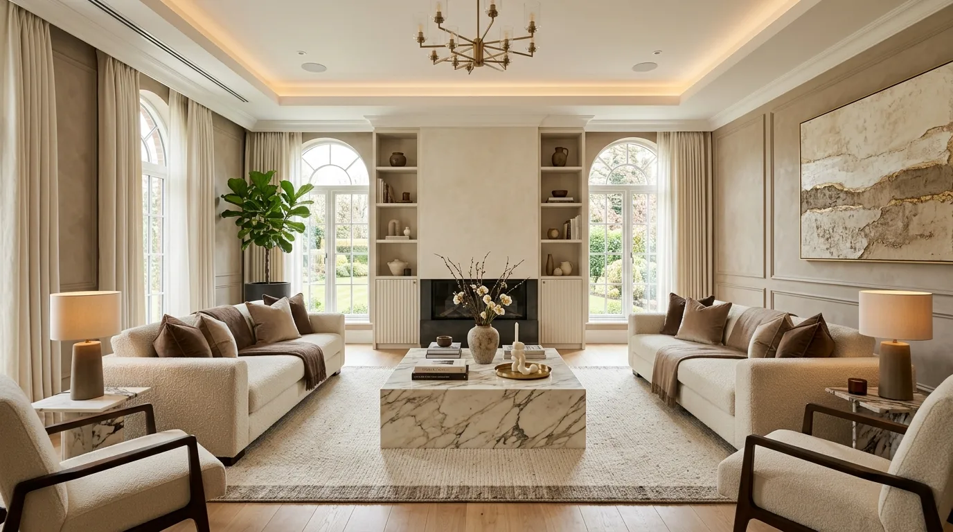 Cream and brown living room that feels quietly luxurious and warm.