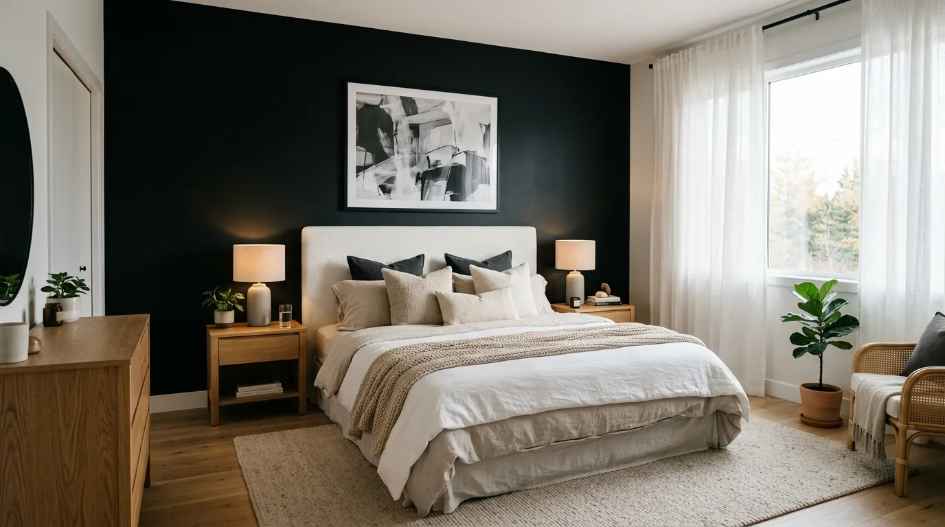 Bedroom with a creative black accent wall and warm layered styling.