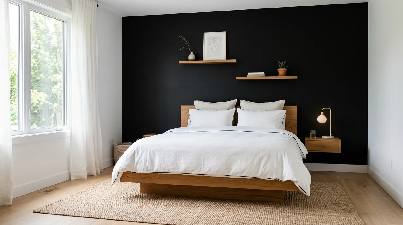 Black paneled accent wall in a bedroom with elegant dimensional styling.