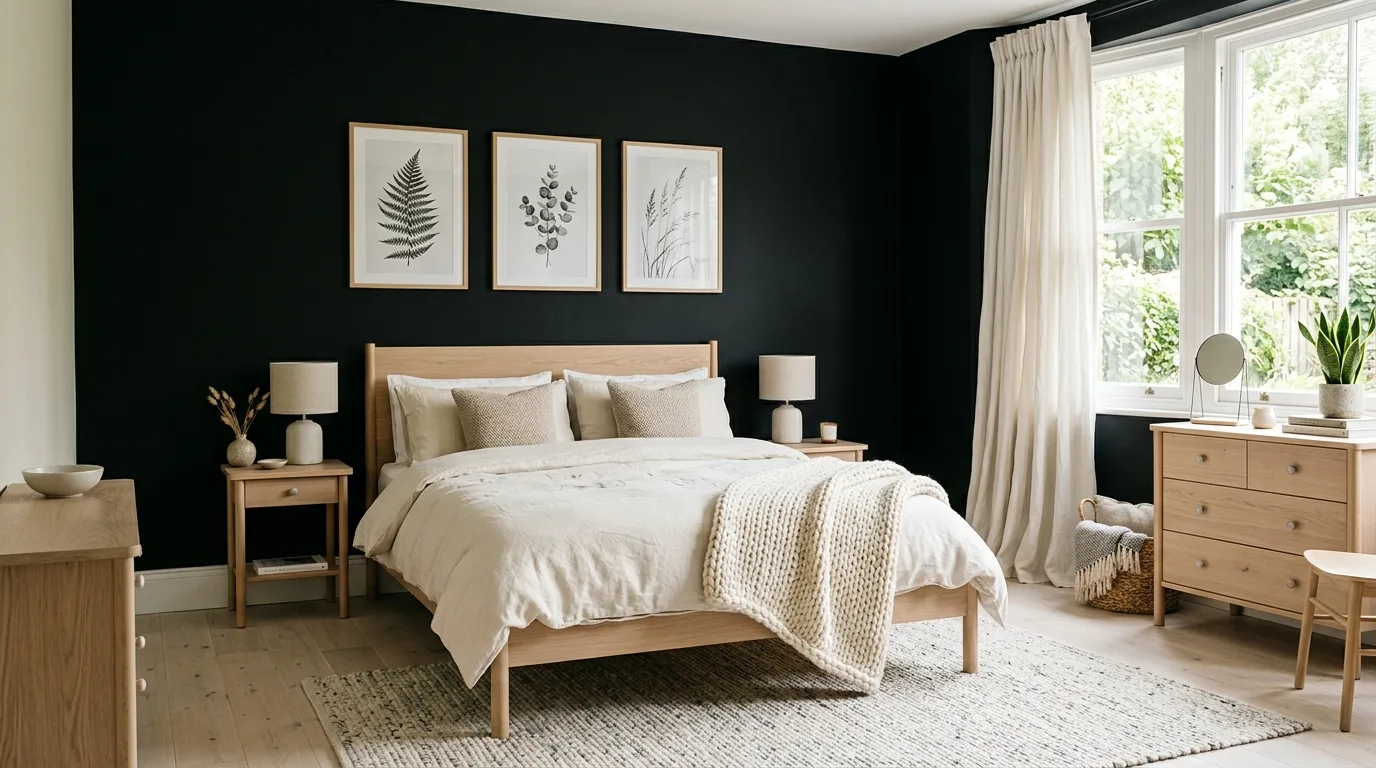 Black accent wall with a warm wood bed in a cozy stylish bedroom.