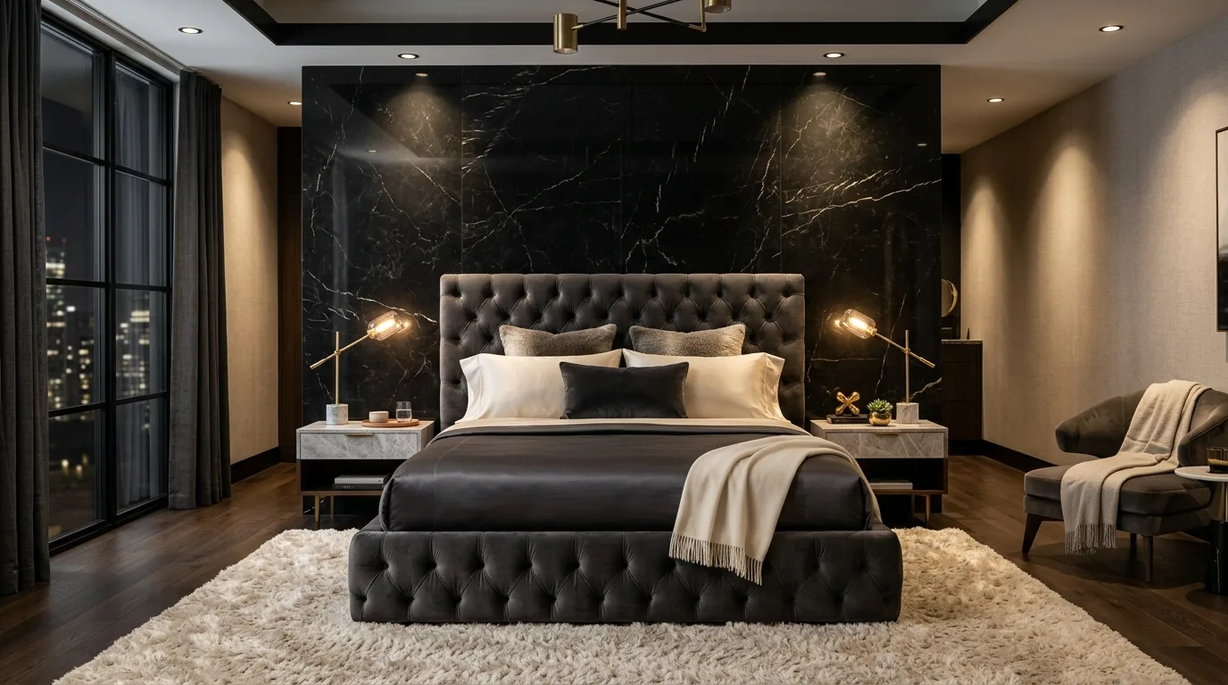 Soft black accent wall with cream bedding and warm bedroom lighting.