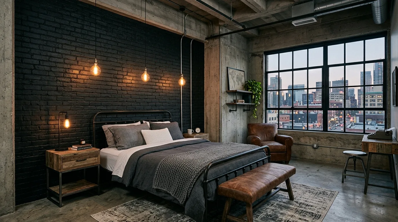 Black accent wall with brass sconces in a polished dramatic bedroom.