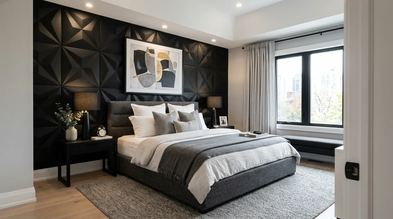 Black accent wall framing white artwork in a crisp modern bedroom.