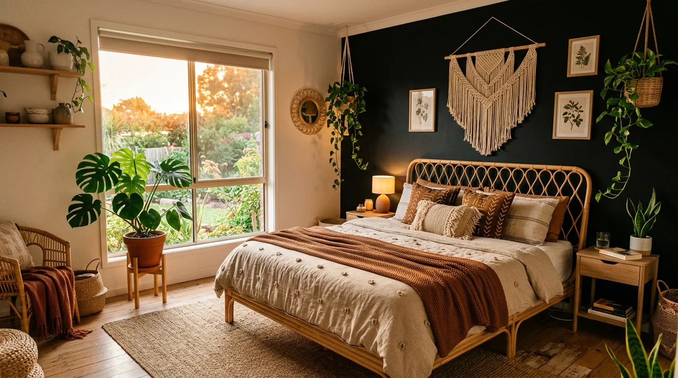 Minimal bedroom with a black accent wall and restrained modern styling.