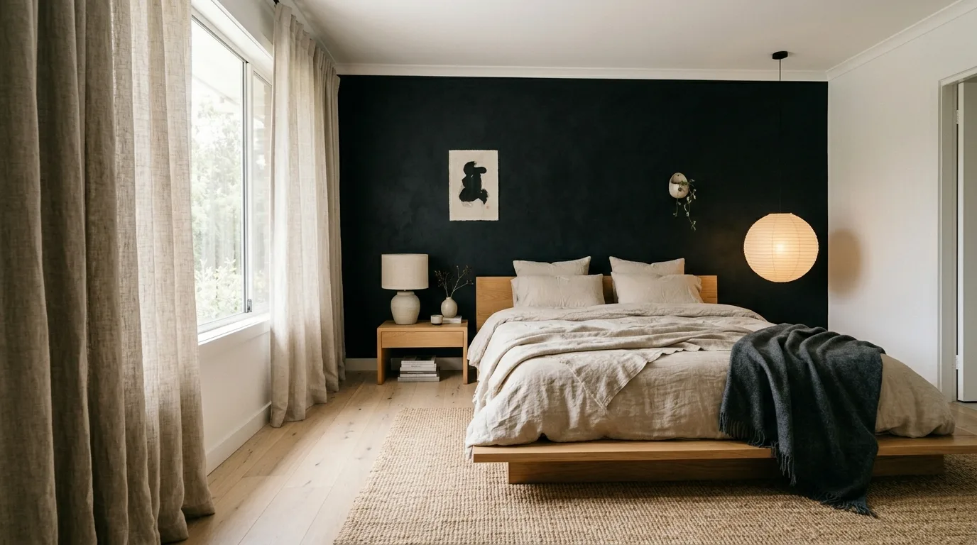 Textured black accent wall with cozy layered bedding in a transformed bedroom.