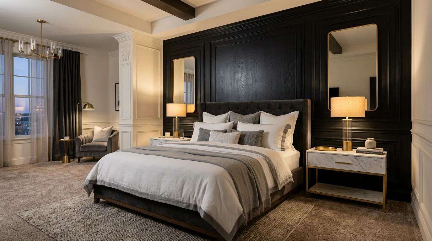 Black accent wall with symmetrical bedroom styling and elegant balance.