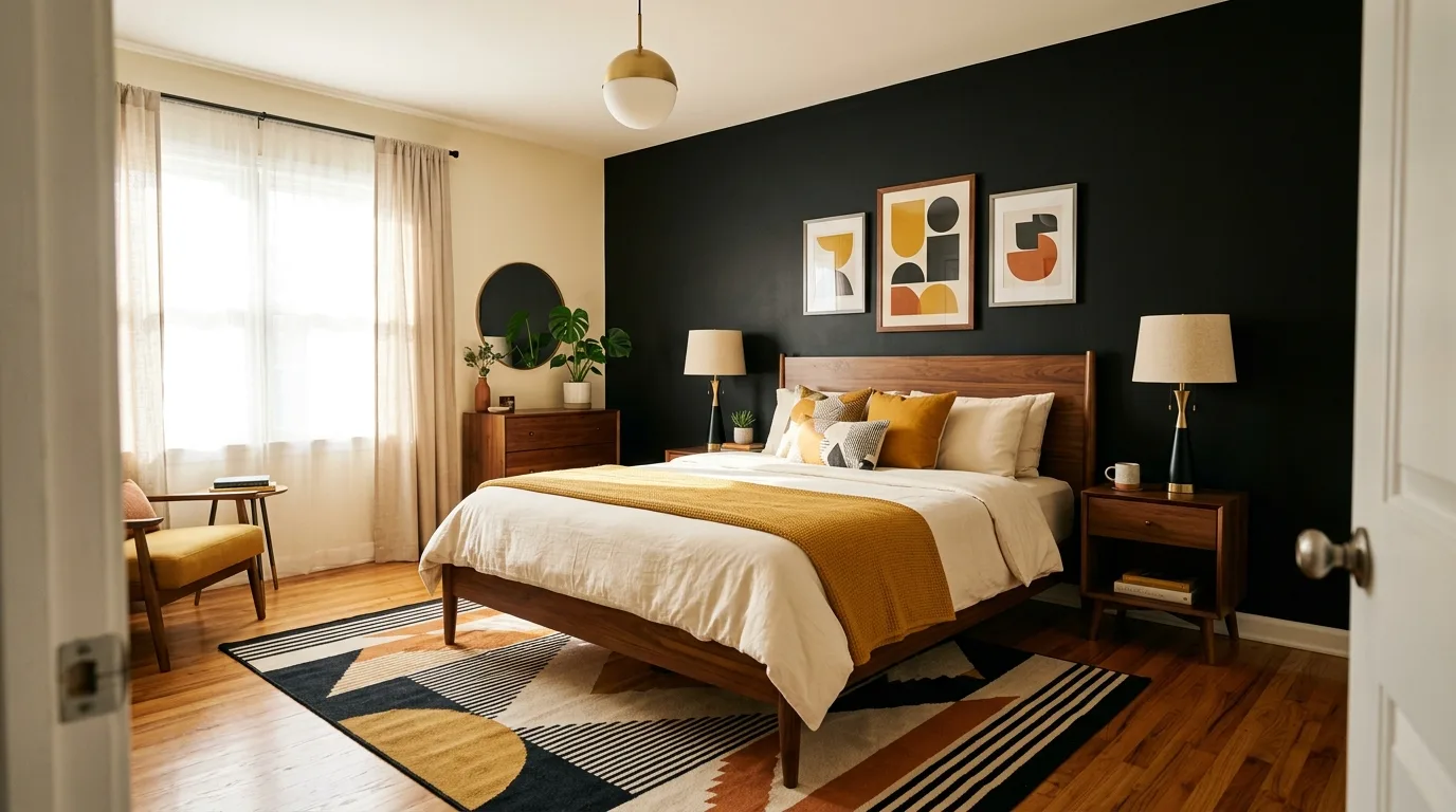 Black accent wall with a canopy bed in a bold elegant bedroom.