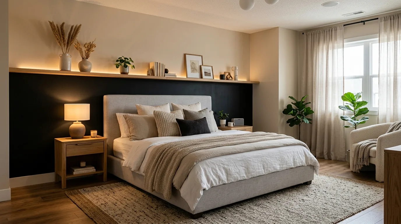 Black accent wall balanced by natural light in a calm stylish bedroom.