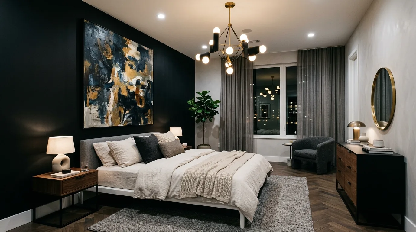 One black accent wall transforming an ordinary bedroom into a styled space.