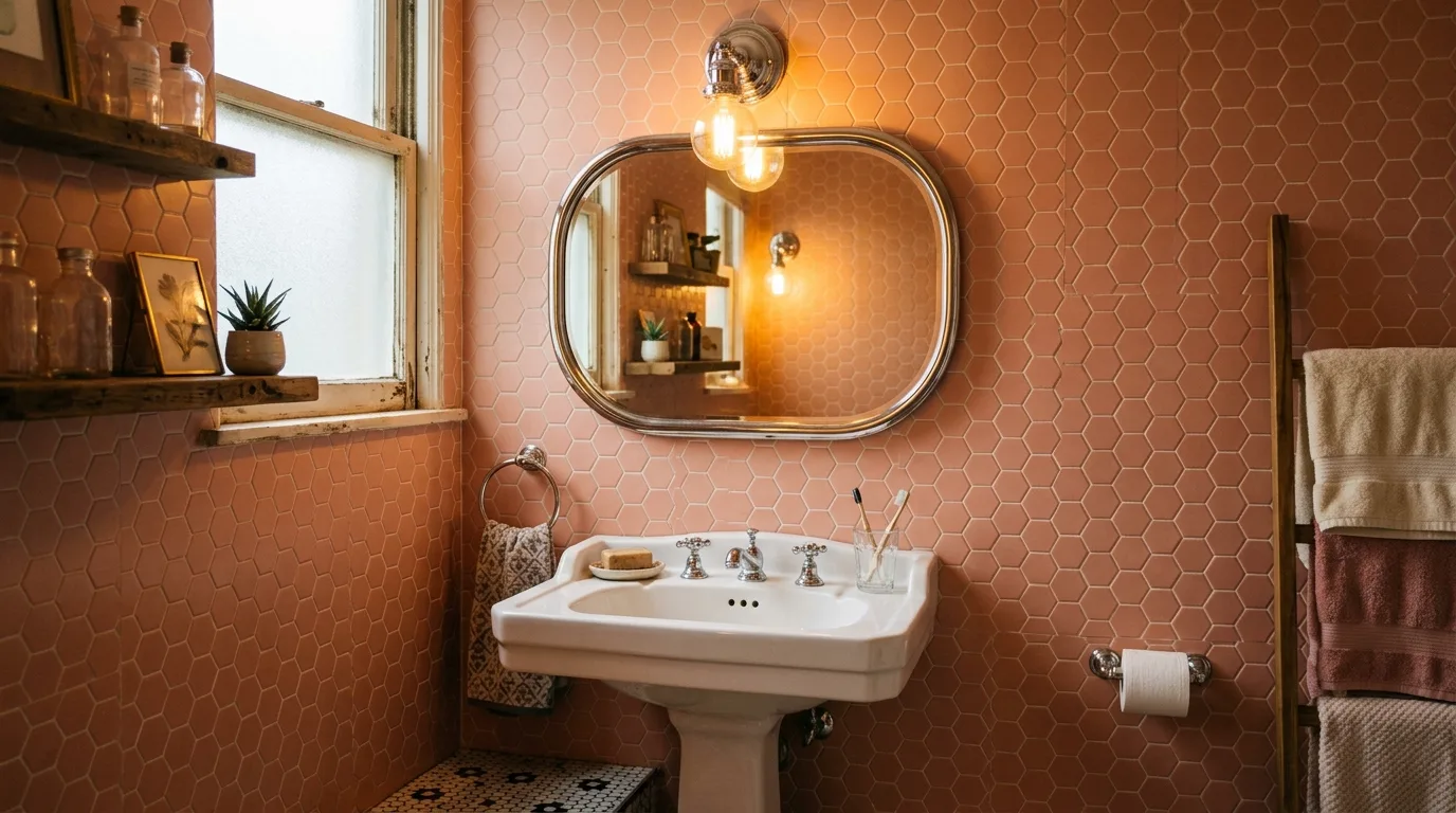 start with the main color or material story in a bathroom inspired by creative pink tile retro.