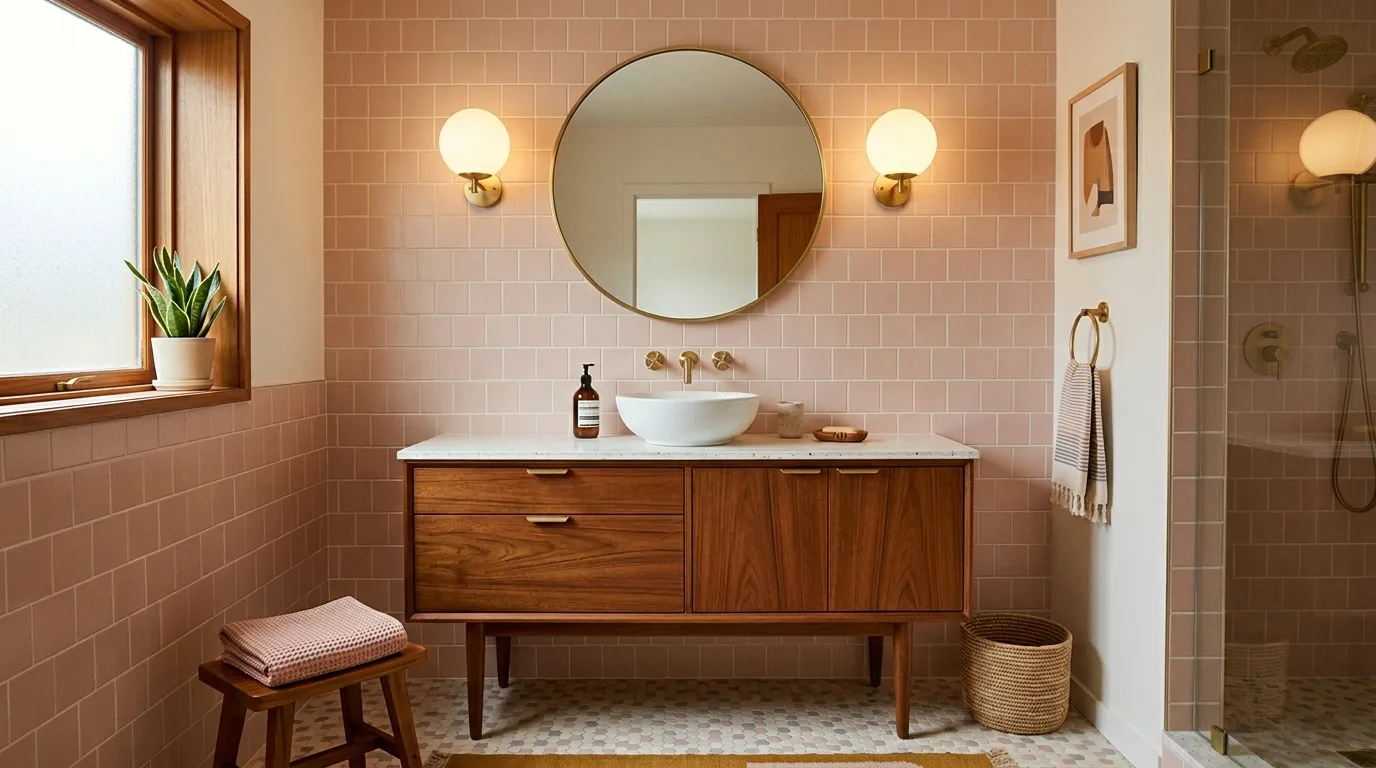 pair it with finishes that support the mood in a bathroom inspired by creative pink tile retro.