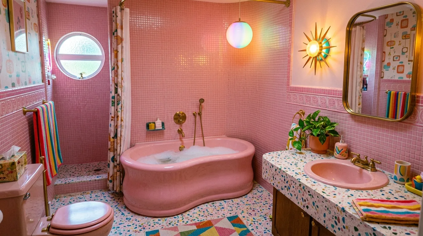 use lighting to bring the space to life in a bathroom inspired by creative pink tile retro.