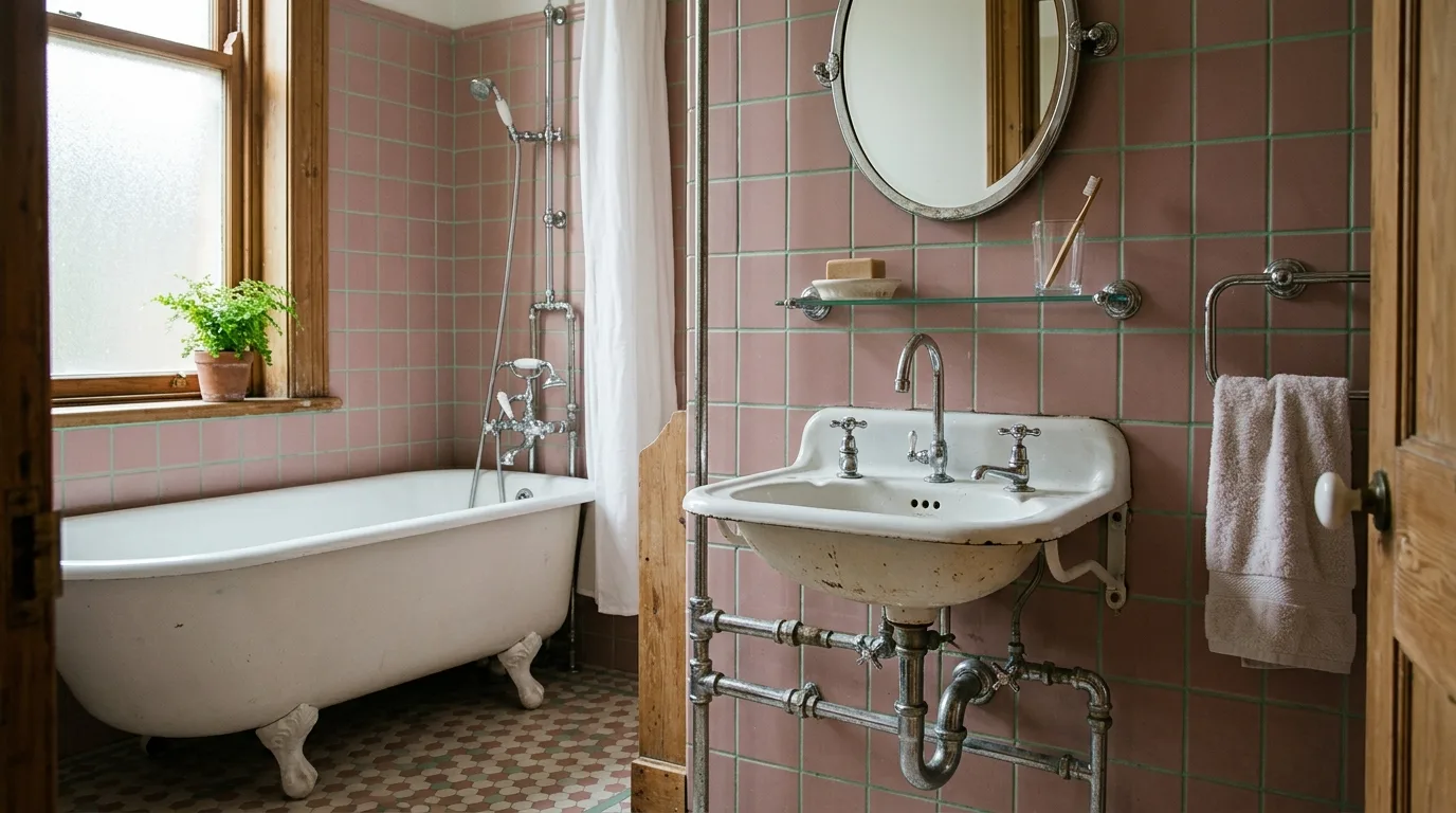add texture for more depth in a bathroom inspired by creative pink tile retro.