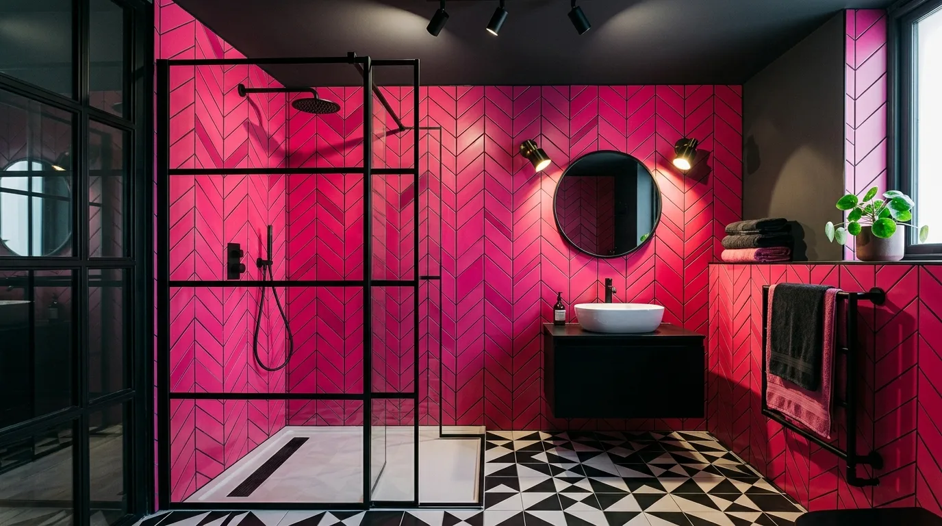 keep fixtures and lines thoughtful in a bathroom inspired by creative pink tile retro.