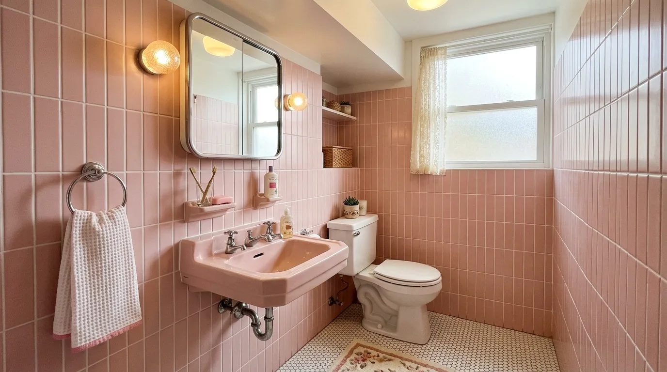 balance boldness with breathing room in a bathroom inspired by creative pink tile retro.