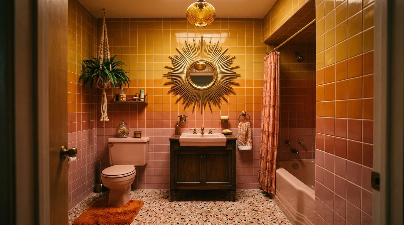 use decor that reinforces the look in a bathroom inspired by creative pink tile retro.