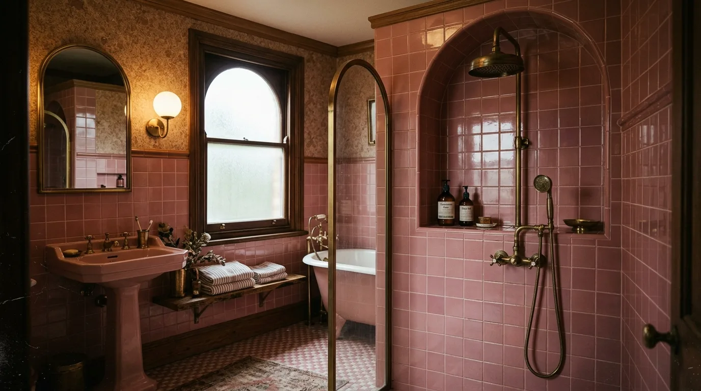 let the room feel personal and restful in a bathroom inspired by creative pink tile retro.