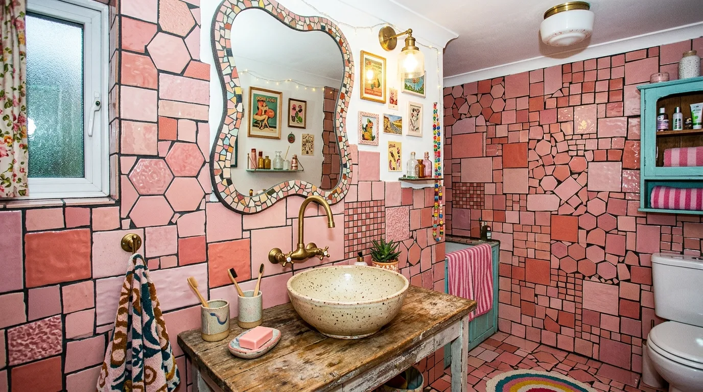 create a bathroom that feels complete in a bathroom inspired by creative pink tile retro.