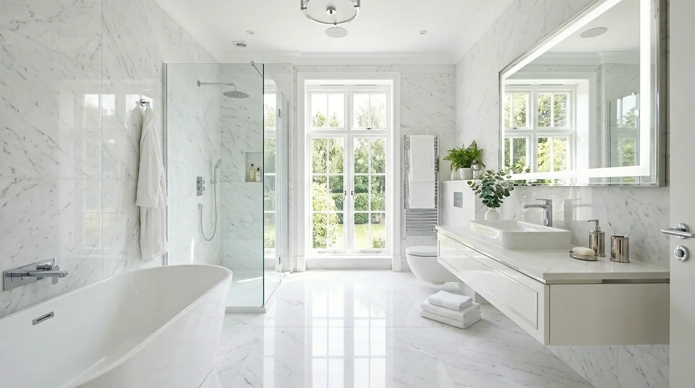 Crisp white and silver bathroom with a bright polished sparkle.
