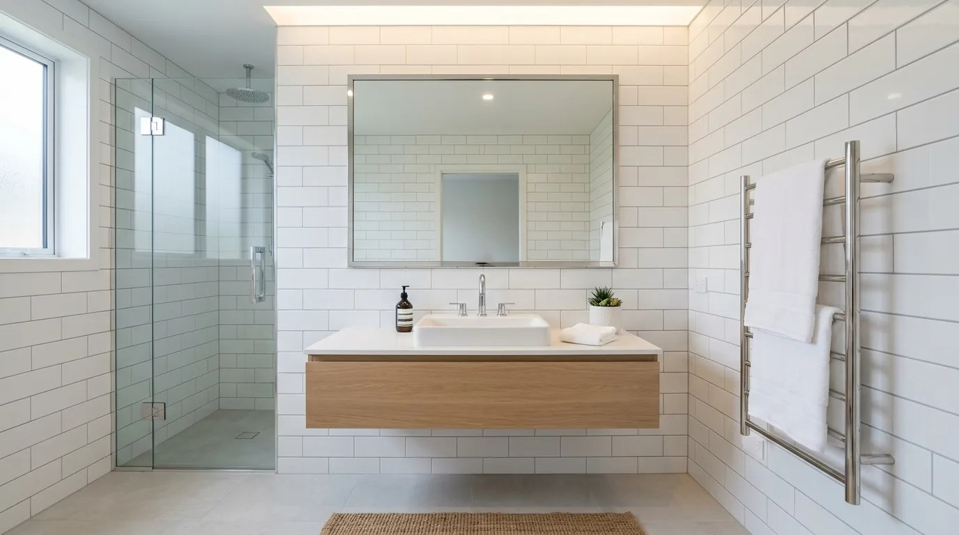Bright white base in a clean sparkling silver bathroom.