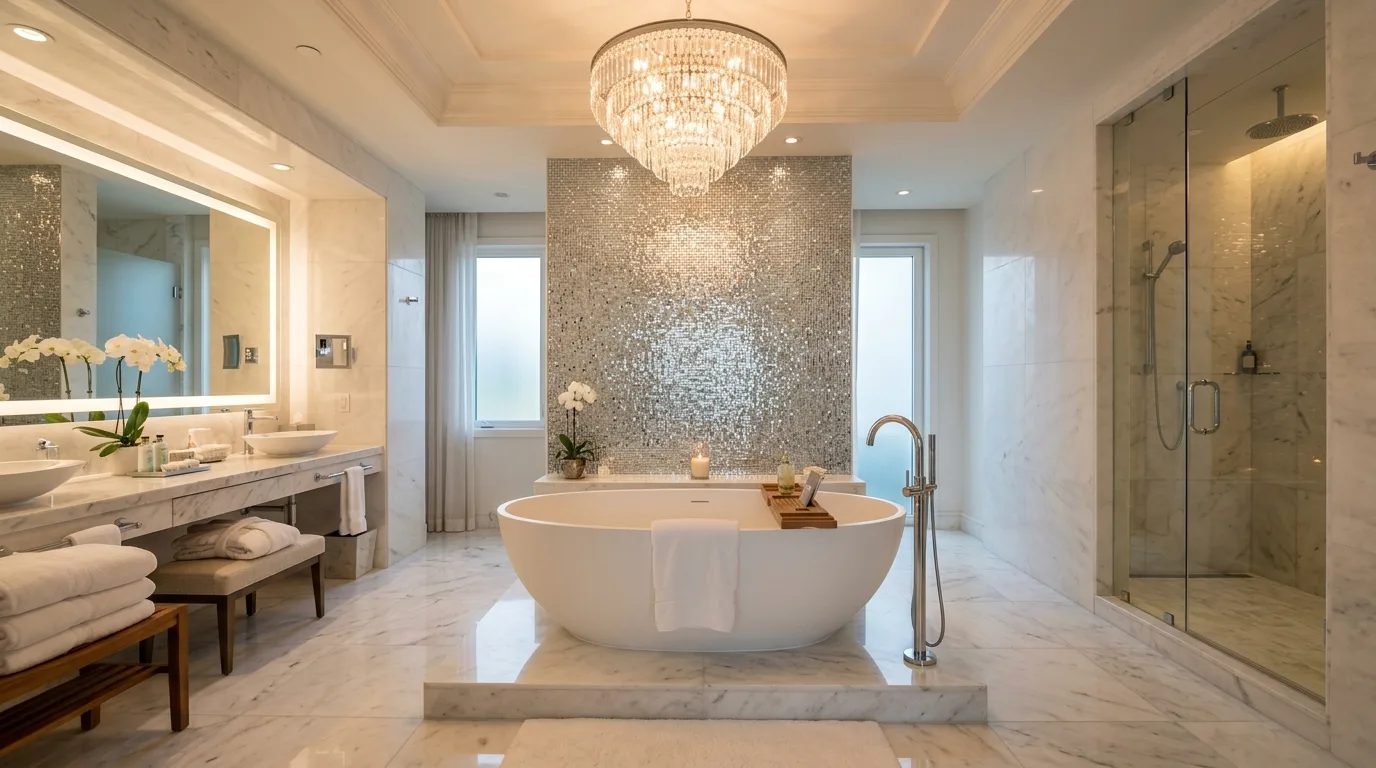 Repeated silver fixtures in a white bathroom.