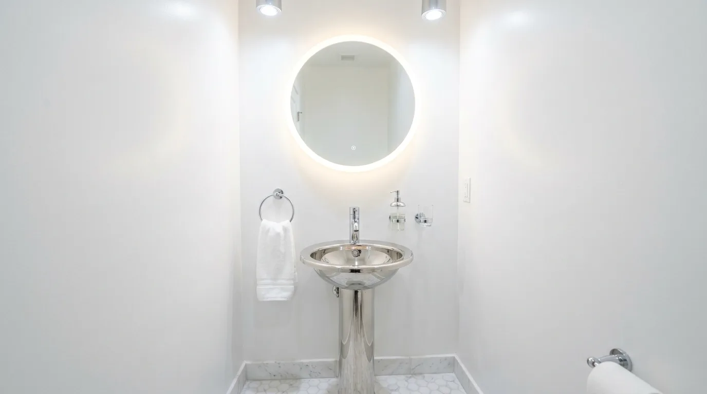 Glass and mirror adding extra shine to a white bathroom.