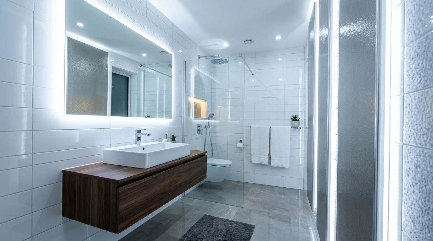 Soft grey adding depth to a white and silver bathroom.