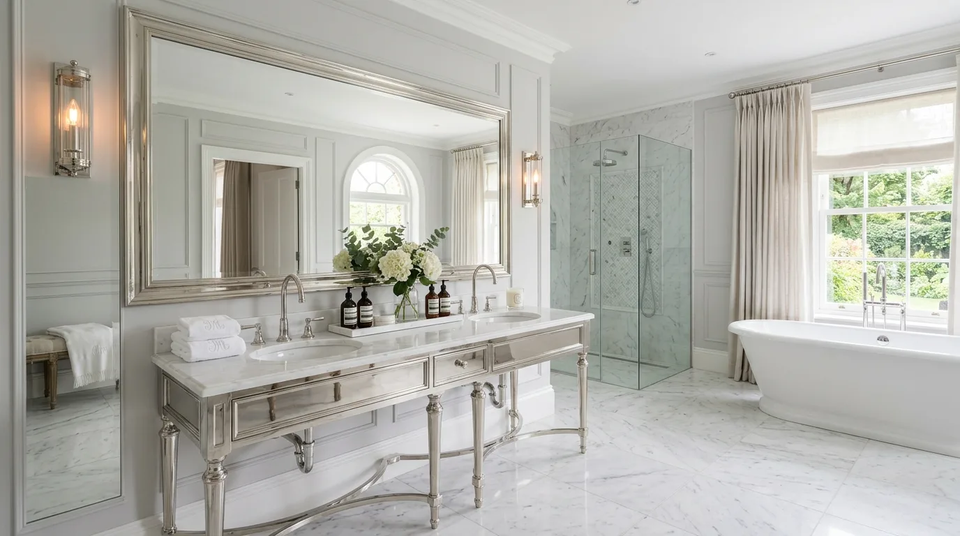 Lighting enhancing sparkle in a white and silver bathroom.