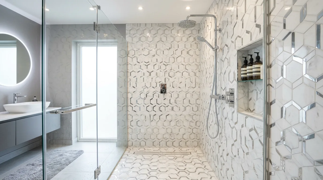 Fresh polished white and silver bathroom with clean sparkle.