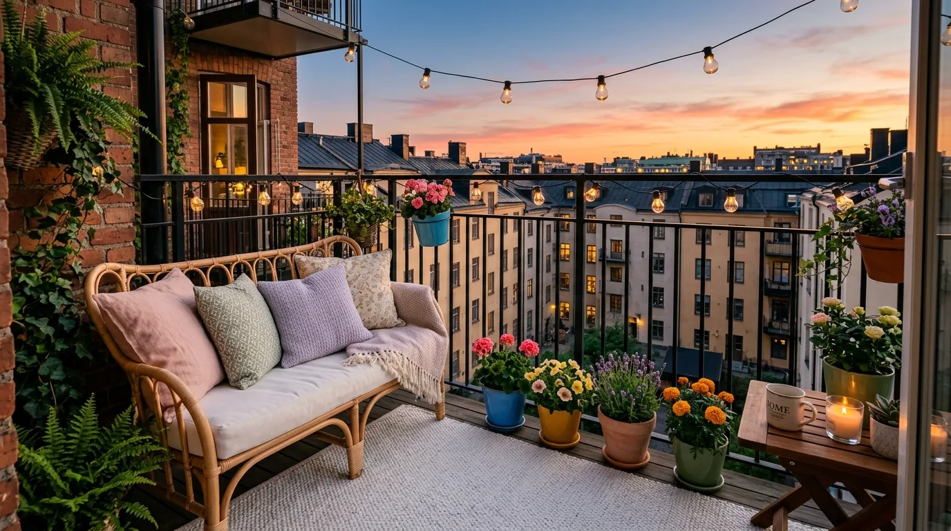 Cute small balcony decorated to feel cheerful, cozy, and personal.