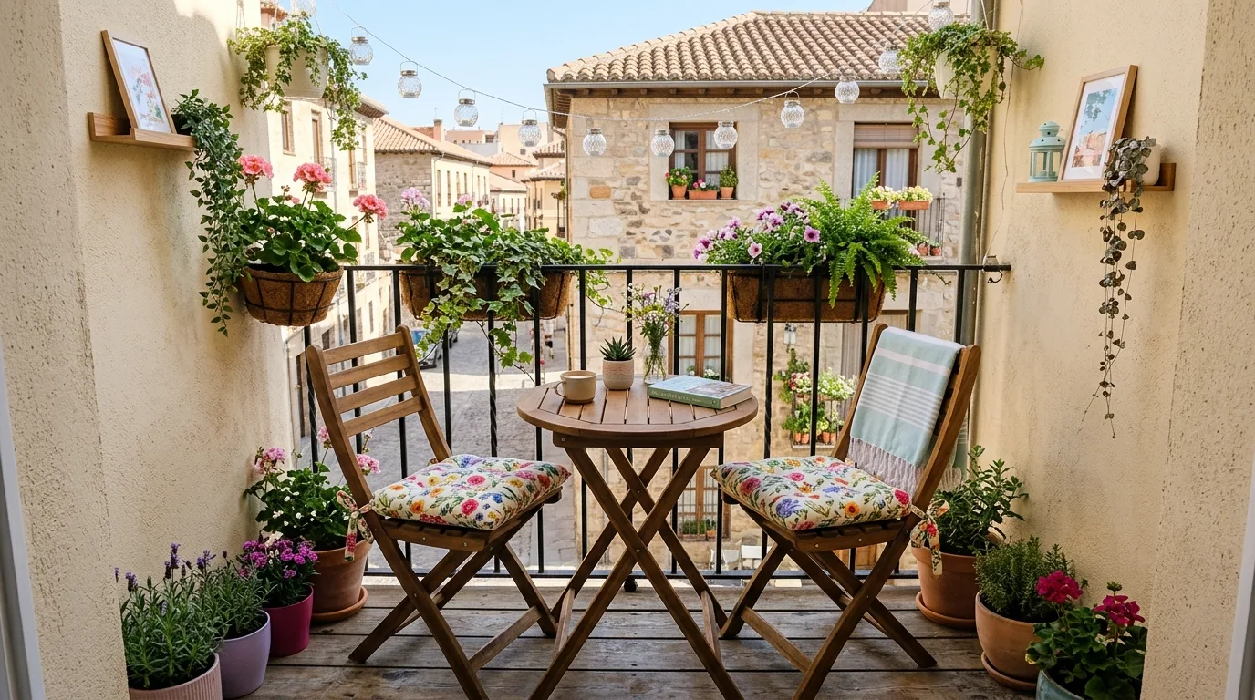 Tiny bistro table decorating a small balcony with cute apartment charm.
