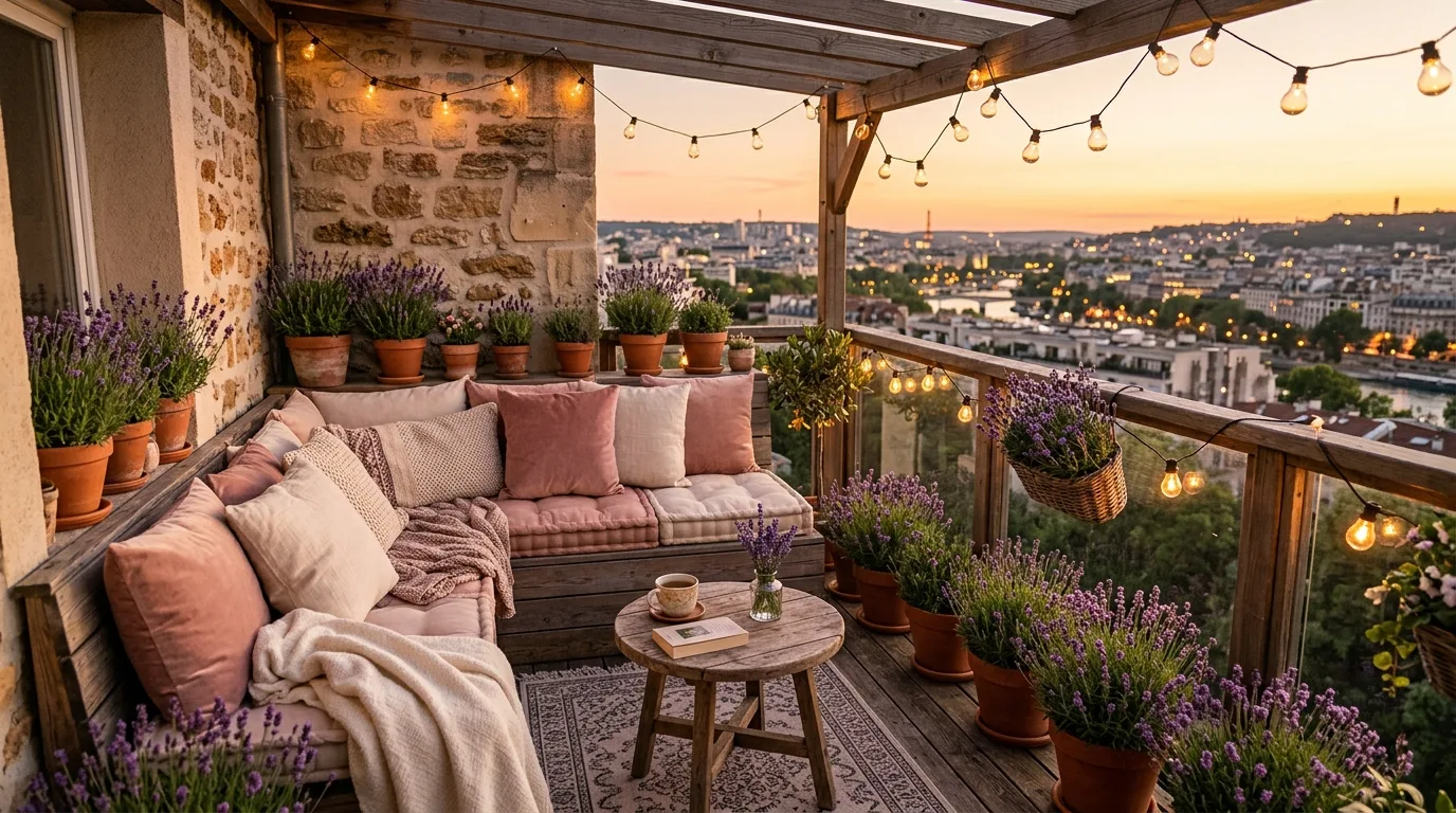 String lights creating a happy glow on a cute small balcony.