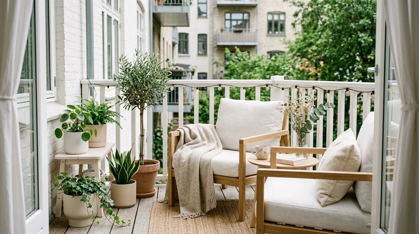 Patterned outdoor rug adding playful personality to a small balcony.